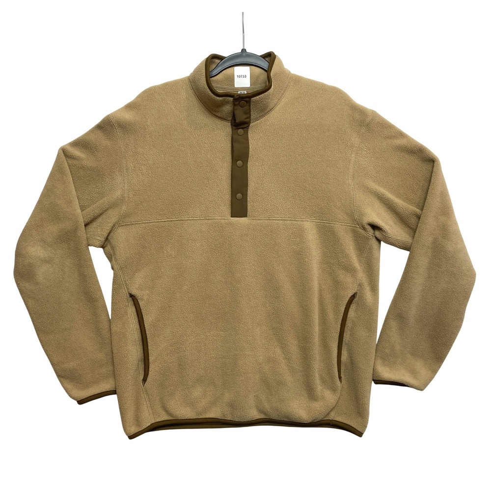 Uniqlo Fleece Jacket Mens M Tan Snap Button Mock Neck Pullover 341-461128